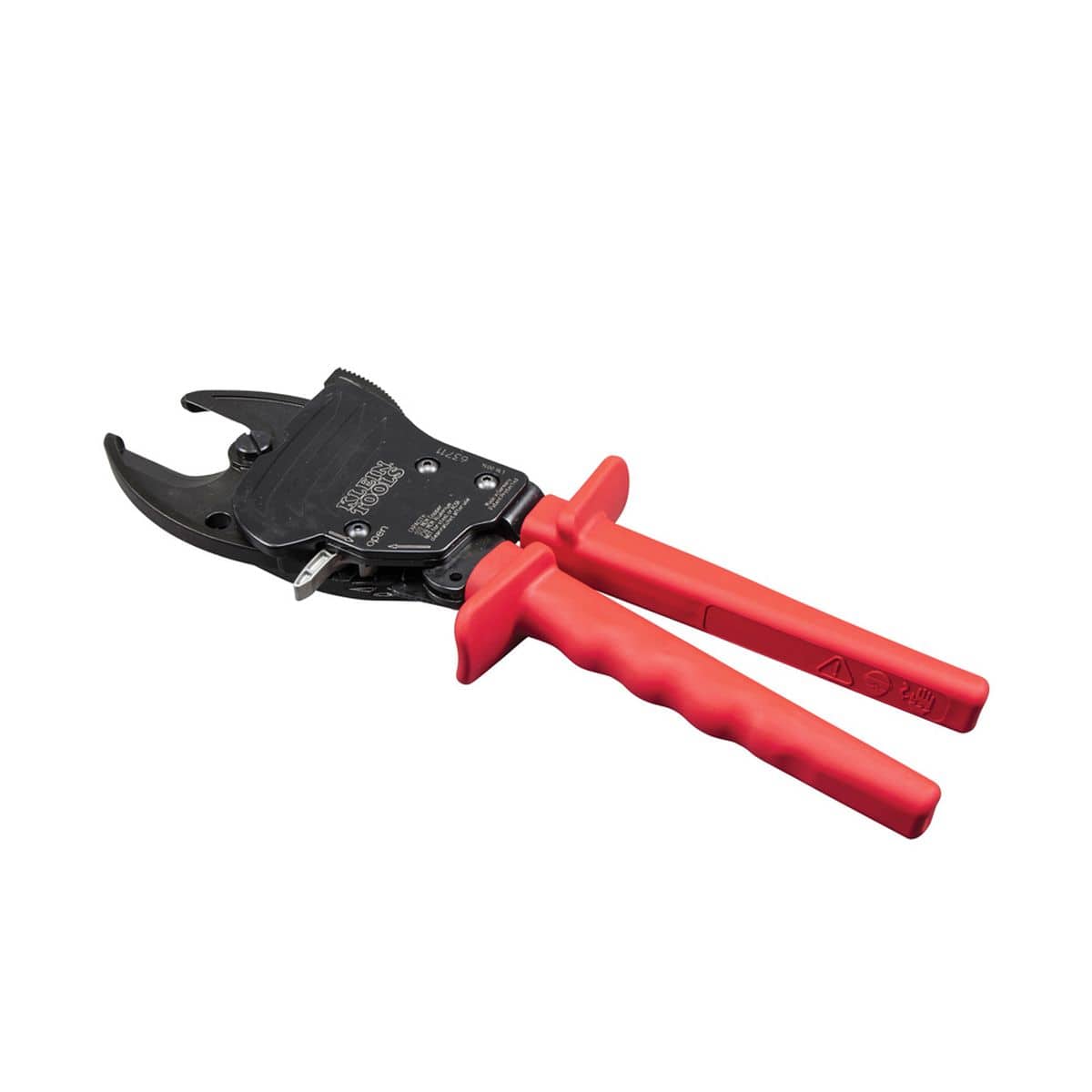 A perspective view of the 11.5-inch ratcheting cutter laying flat, showcasing the compact industrial design and the ergonomic red grips engineered for professional single-handed operation.