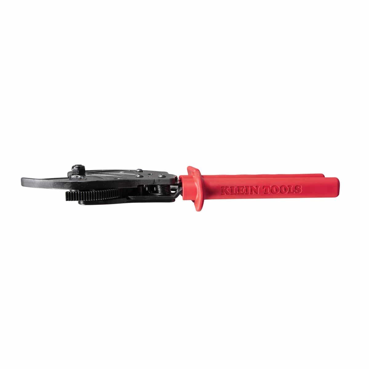 A top-down technical view of the cable cutter, highlighting the heavy-duty ratcheting gear teeth and the slim profile of the 63711, which allows it to fit into crowded junction boxes and tool bags.