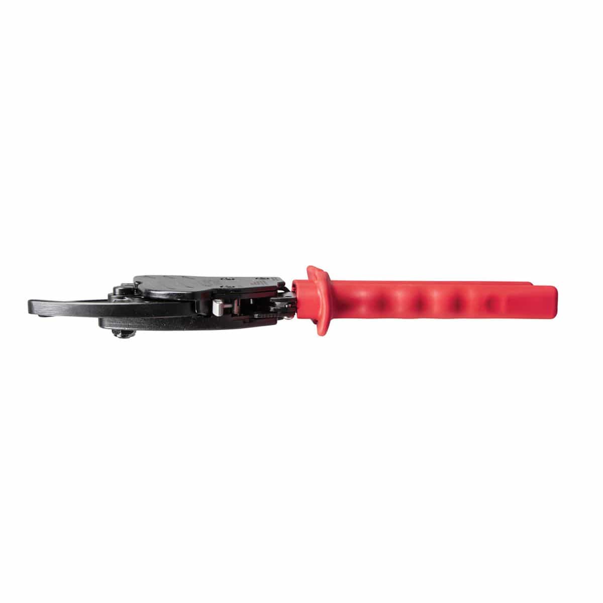 A side-view profile of the tool in a closed position, showcasing the integrated locking lever that keeps the handles secure for safe transport and storage.