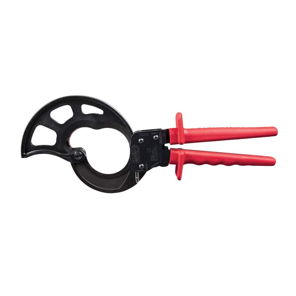 A professional side profile of the Klein Tools 63750 ratcheting cable cutter, featuring ergonomic red handles with integrated hand guards and a high-capacity black-oxide ratcheting head designed for shearing through 1000 MCM conductors.