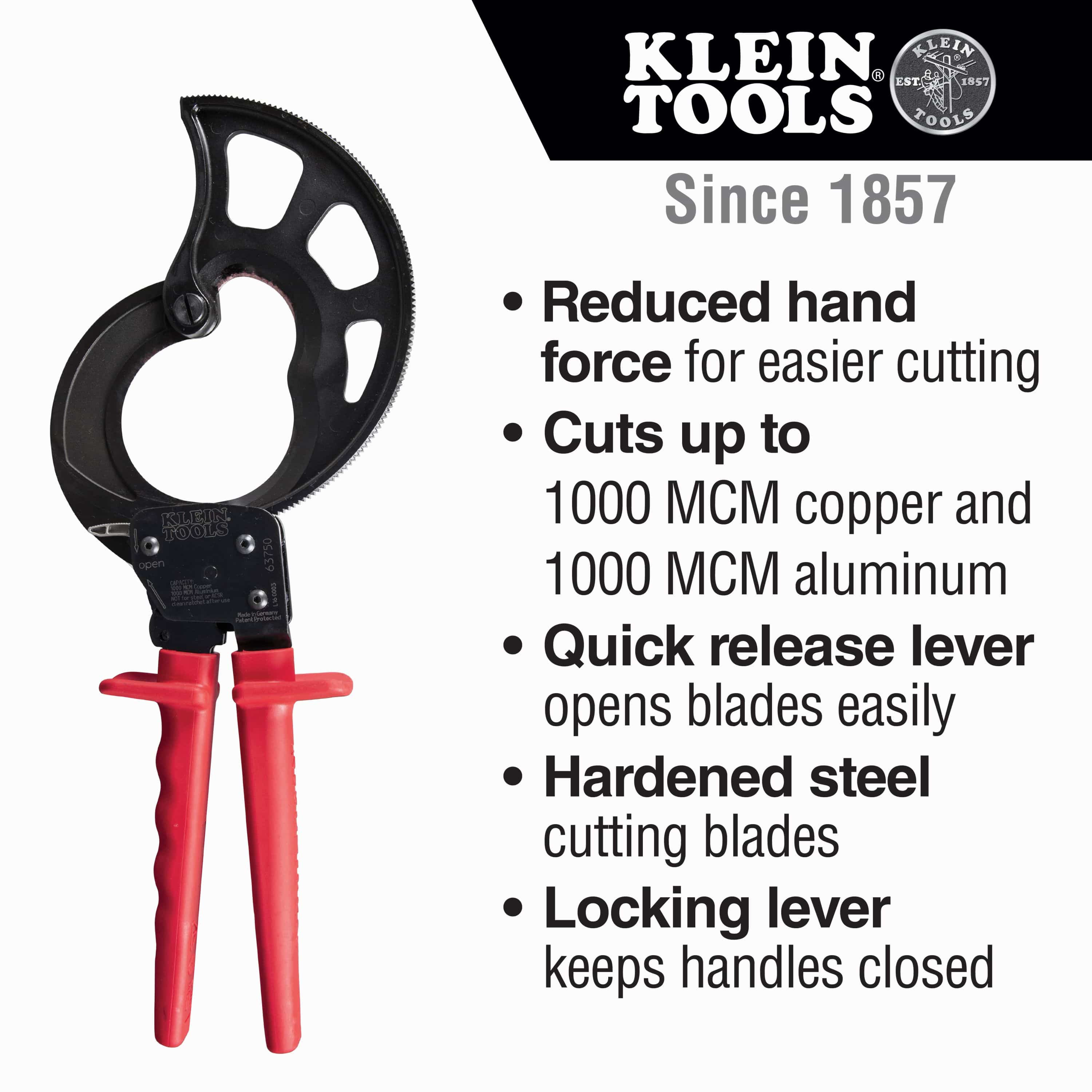 An infographic for the 63750 cable cutter highlighting its core benefits: reduced hand force for easier cutting, a capacity for 1000 MCM copper and aluminum, a quick-release lever, hardened steel blades, and a locking lever for secure storage.