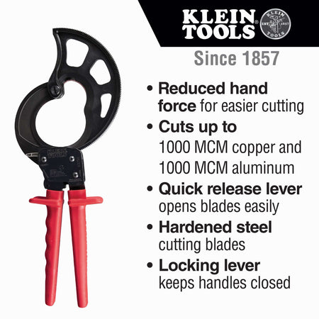 An infographic for the 63750 cable cutter highlighting its core benefits: reduced hand force for easier cutting, a capacity for 1000 MCM copper and aluminum, a quick-release lever, hardened steel blades, and a locking lever for secure storage.