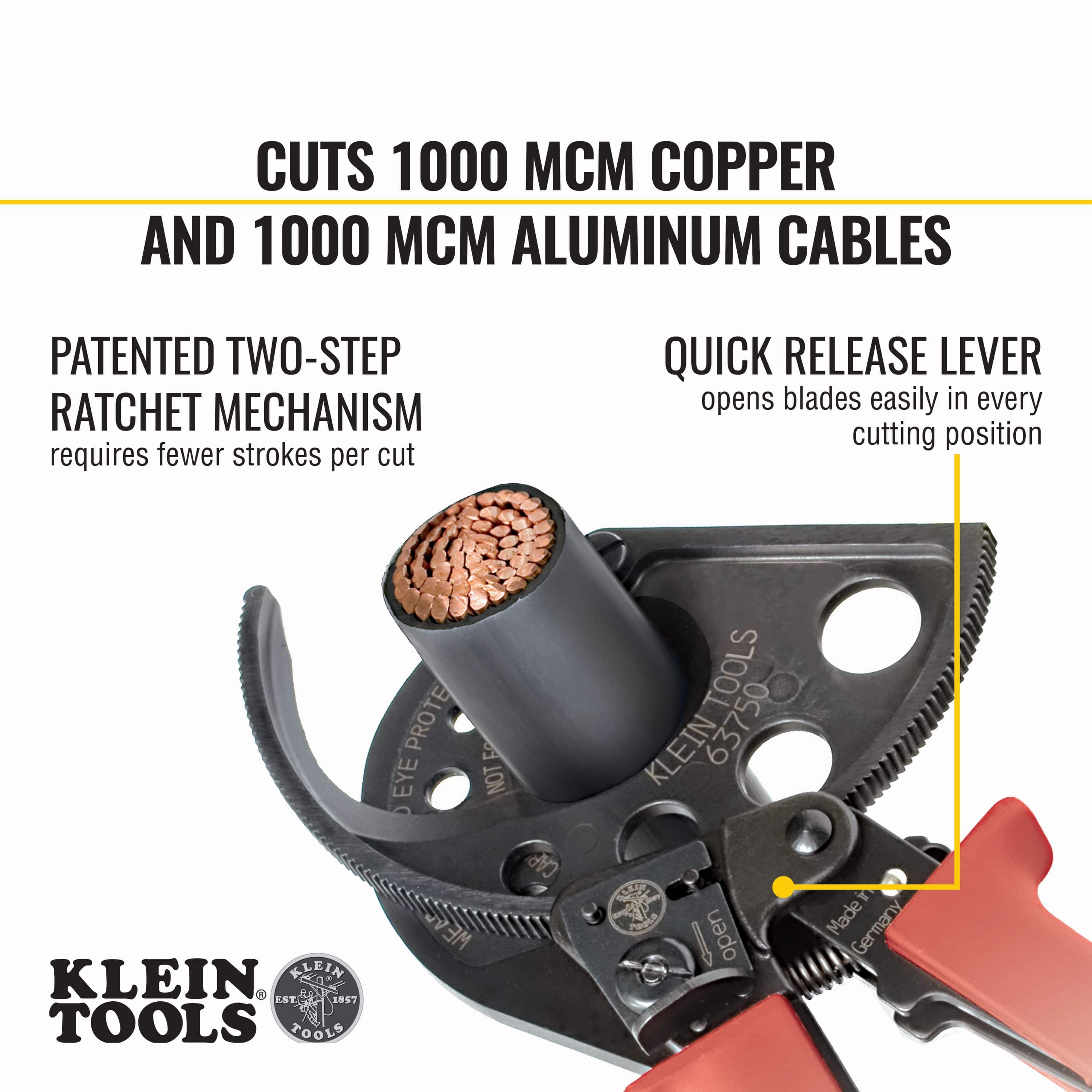 A detailed diagram of the 63750 in action, emphasizing the patented two-step ratchet mechanism that requires fewer strokes per cut and the quick-release lever that allows for immediate blade opening in any position.