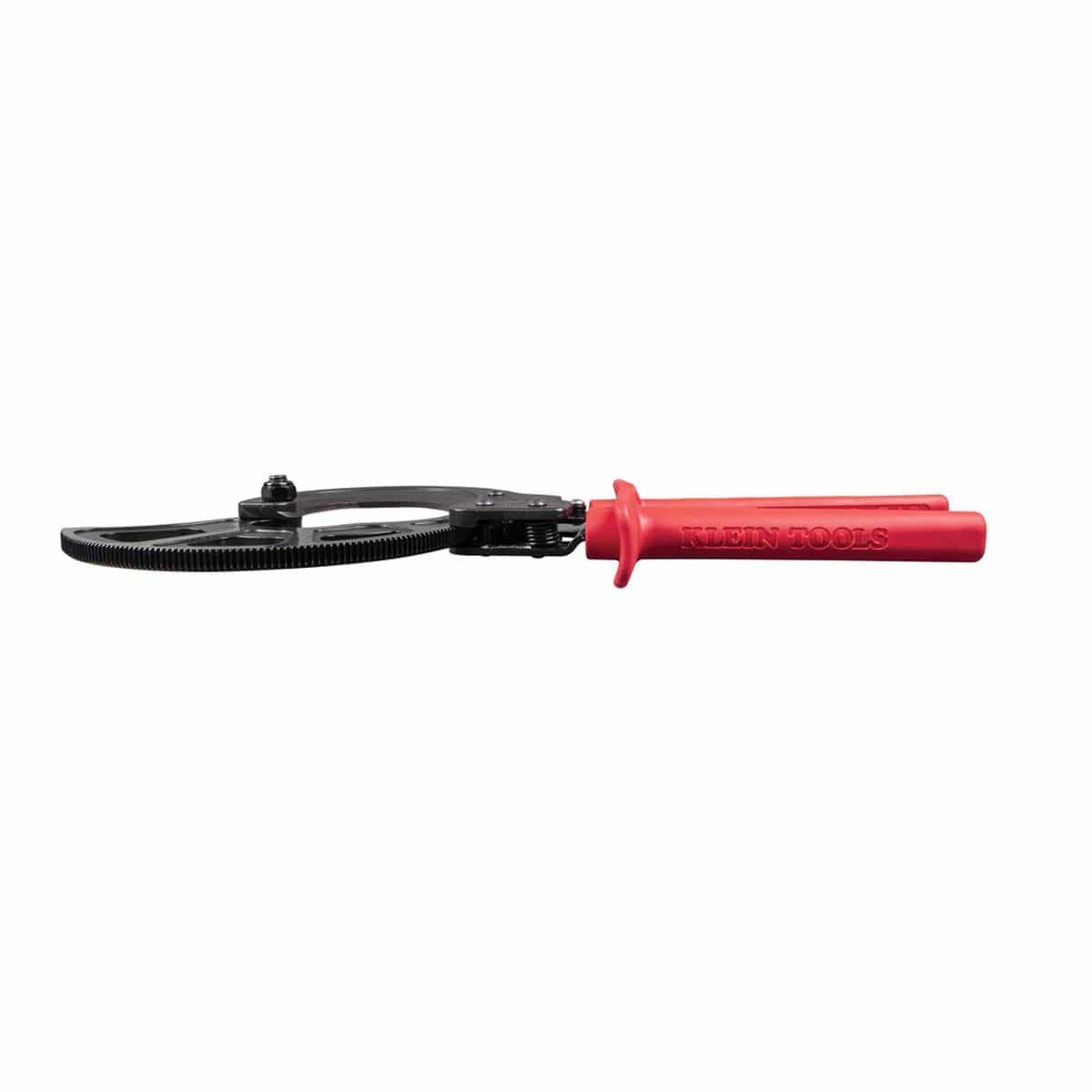 A top-down technical view of the 12.125-inch ratcheting cutter, showcasing the slim profile and heavy-duty gear teeth engineered to manage large-diameter communication cables and high-capacity electrical lines.