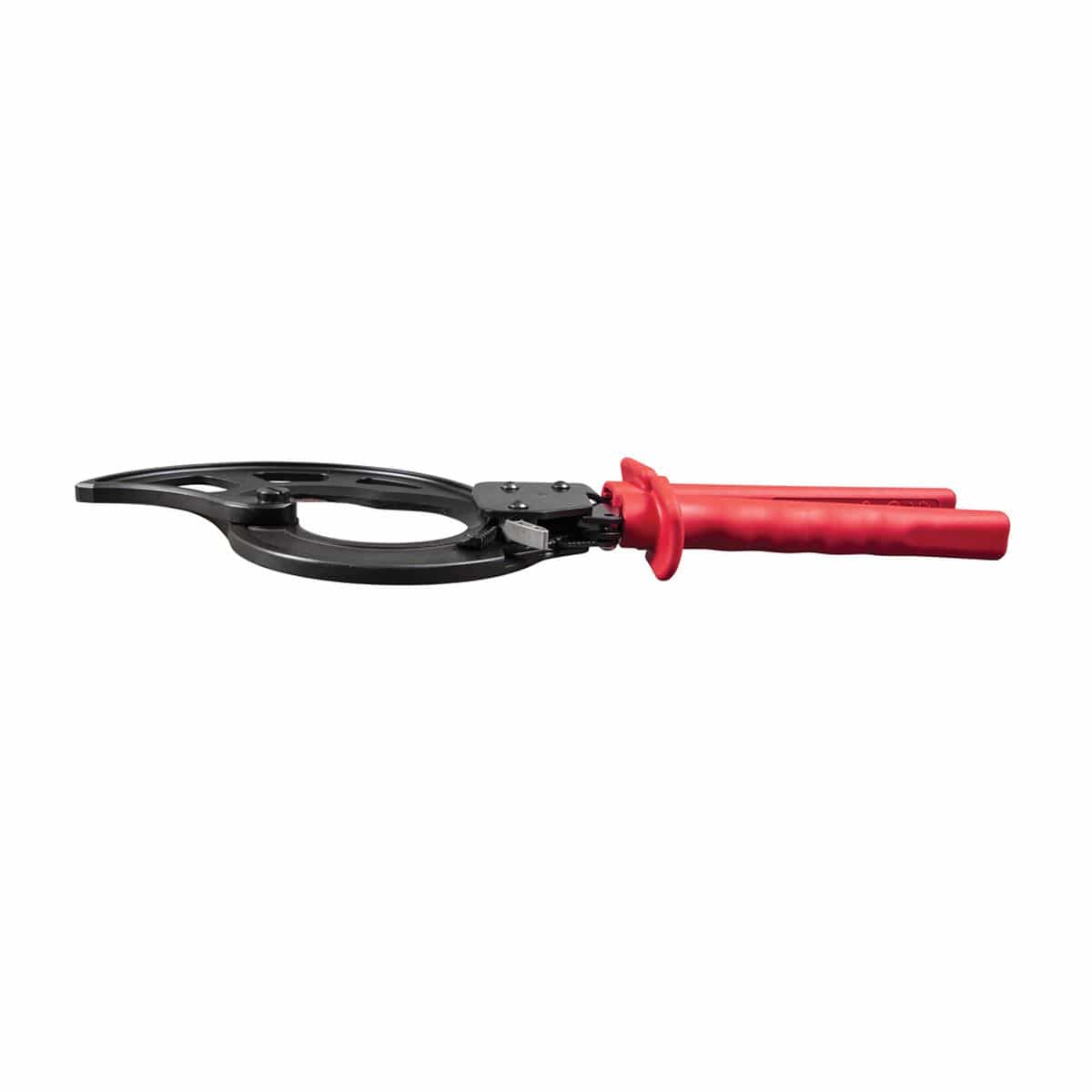 A side-view technical profile of the tool in a closed position, highlighting the compact industrial design and the high-quality construction of the pivot point and ratcheting gears.