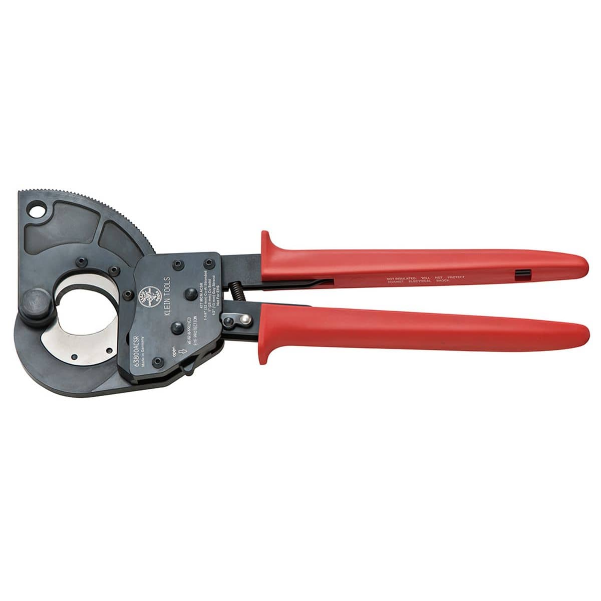 A professional side profile of the Klein Tools 63800ACSR ratcheting ACSR cable cutter, featuring high-leverage red handles with protective hand guards and a heavy-duty black ratcheting head designed for shearing steel-reinforced aluminum cable.