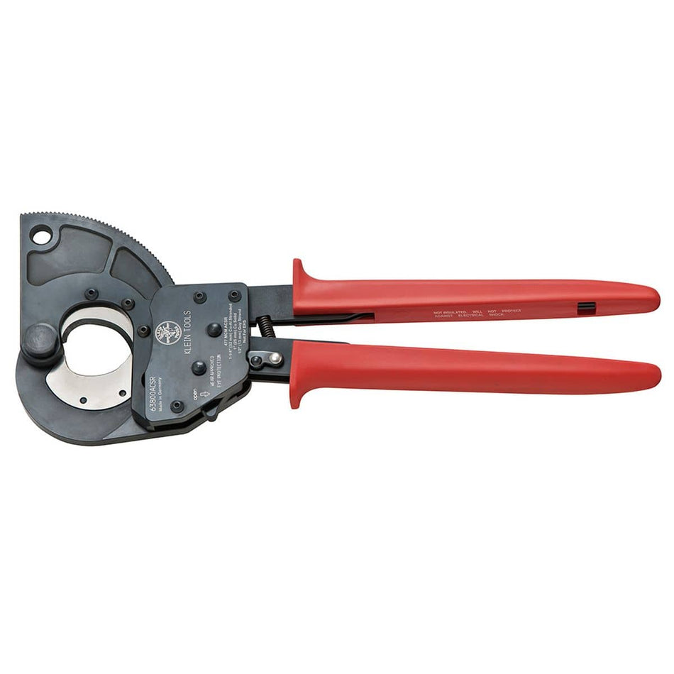 A professional side profile of the Klein Tools 63800ACSR ratcheting ACSR cable cutter, featuring high-leverage red handles with protective hand guards and a heavy-duty black ratcheting head designed for shearing steel-reinforced aluminum cable.