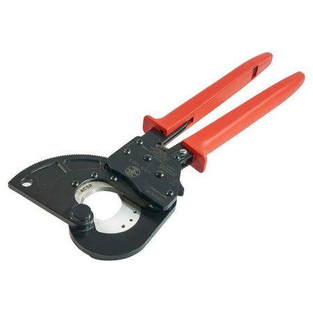 A perspective view of the 477 MCM ratcheting ACSR cutter laying flat, showcasing the precision-engineered gear mechanism and the specialized replaceable blade inserts designed for industrial utility applications.