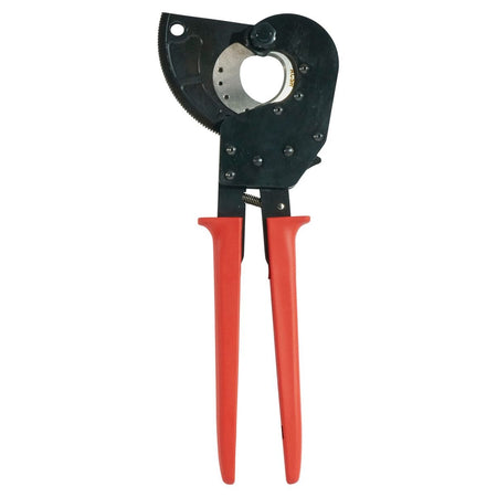 A technical view of the ratcheting ACSR cable cutter with the jaws in an open position, emphasizing the circular jaw geometry that maintains cable shape and prevents distortion during high-capacity cuts.