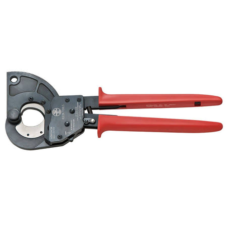 A clean product shot of the 13.75-inch high-leverage ratcheting cutter against a white background, highlighting the rugged construction, safety locking lever, and professional red grips.