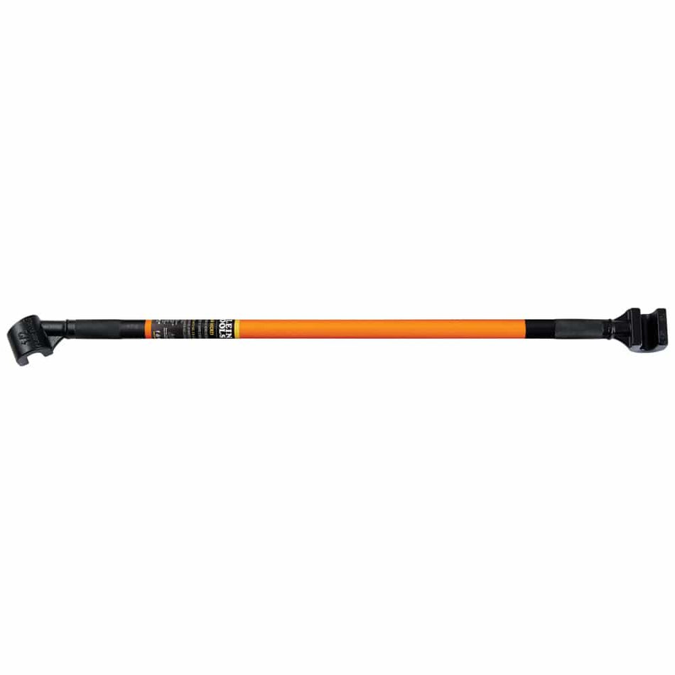 A full-length side view of the Klein Tools 64309 angled rebar hickey. The image showcases the 24-inch orange high-leverage handle with dual black forged steel heads designed for bending number 3 and number 4 reinforcing steel rods.