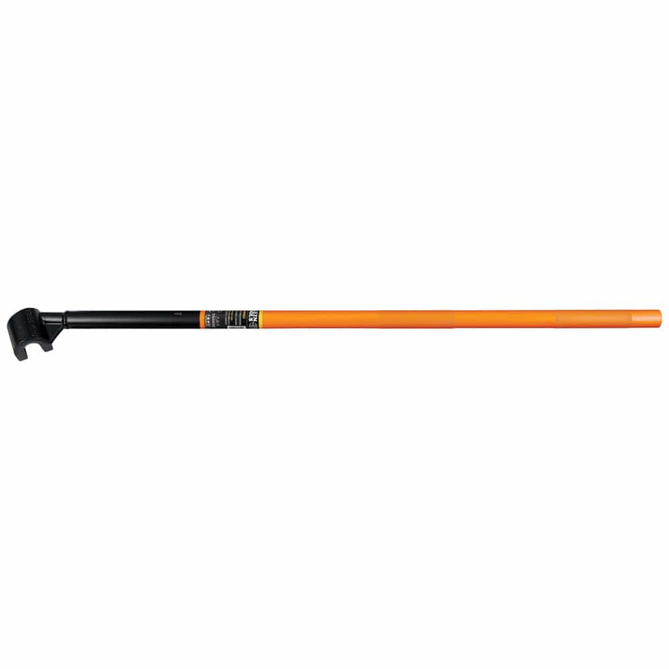 A side profile studio view of the Klein Tools 64311 angled rebar hickey. The image showcases the high-leverage 40-inch orange handle and the heavy-duty black steel-alloy head designed for bending number 6 reinforcing steel rods.