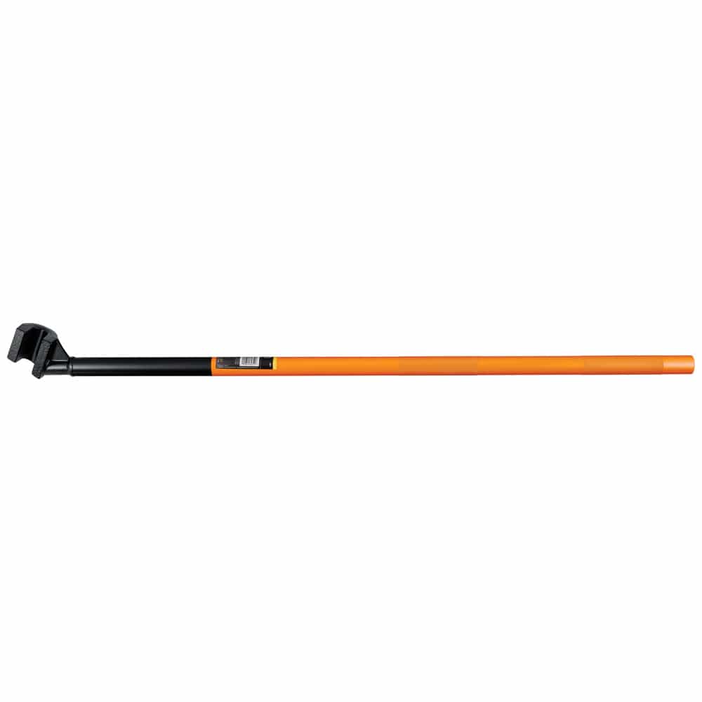 A perspective view of the Klein Tools manual rebar bender. The image highlights the rugged steel construction of the hickey head and the lower section of the orange handle, engineered for professional durability in concrete reinforcement applications.