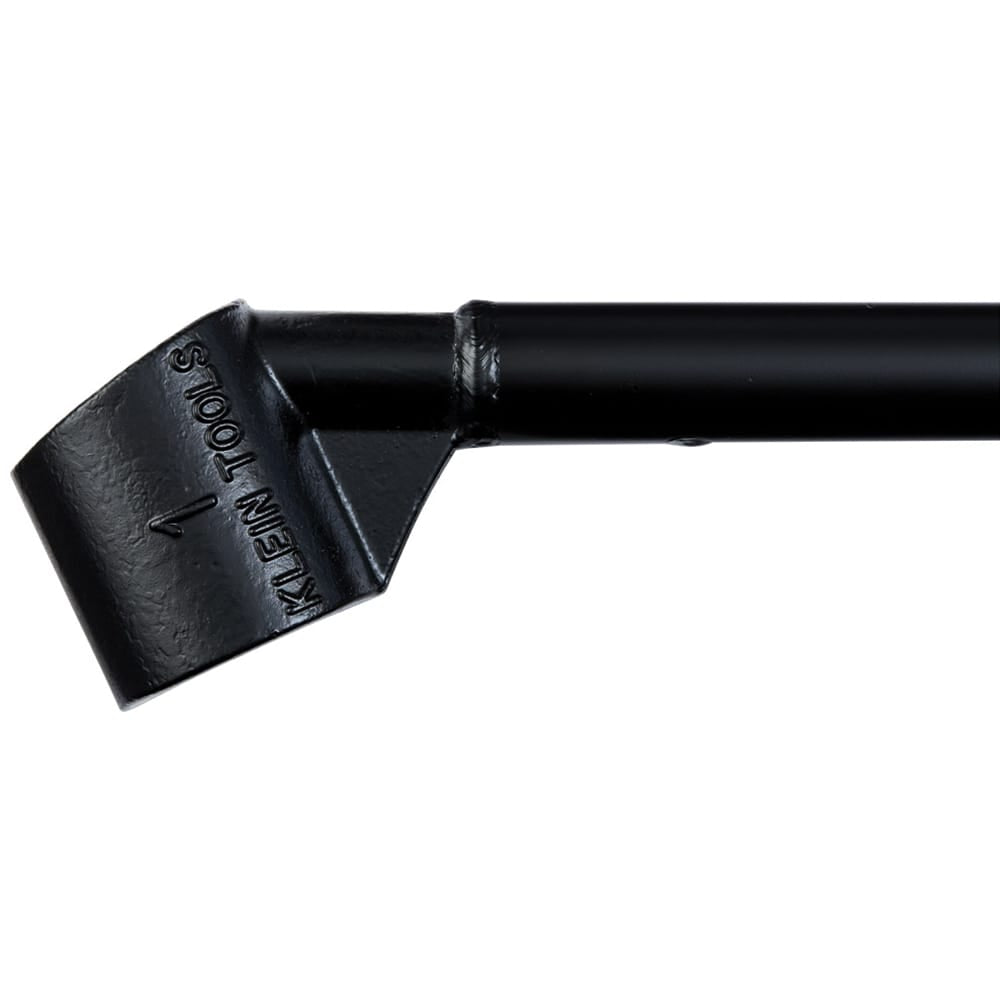 A close-up shot of the Klein Tools rebar hickey head. The image clearly shows the forged steel-alloy head with the Klein Tools brand and the number 1 sizing embossed on the surface, highlighting the tool's specialized capacity for precise reinforcement bending.