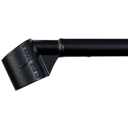 A close-up shot of the Klein Tools rebar hickey head. The image clearly shows the forged steel-alloy head with the Klein Tools brand and the number 1 sizing embossed on the surface, highlighting the tool's specialized capacity for precise reinforcement bending.