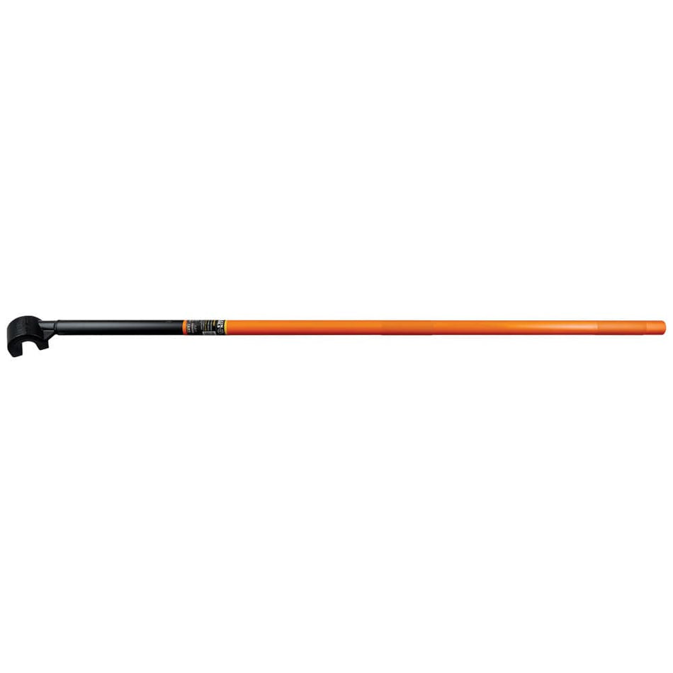 A full side view of the Klein Tools 64312 angled rebar hickey. The image showcases the long 60-inch high-leverage orange handle and the durable black steel-alloy head designed for bending heavy-duty reinforcement steel rods.