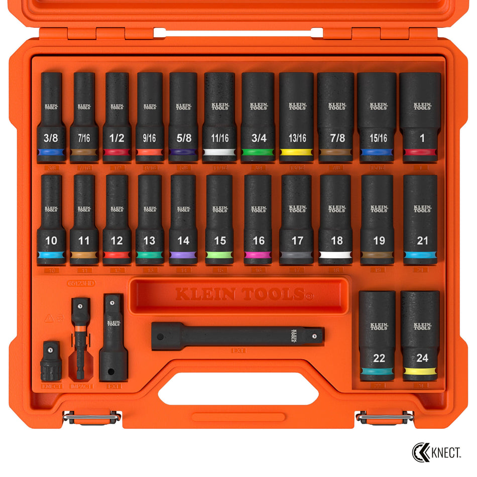 An overhead view of the 28-piece KNECT deep-well impact socket set organized in its orange case, showcasing SAE and metric sockets with color-coded rings, two extension shafts, and drive adapters.