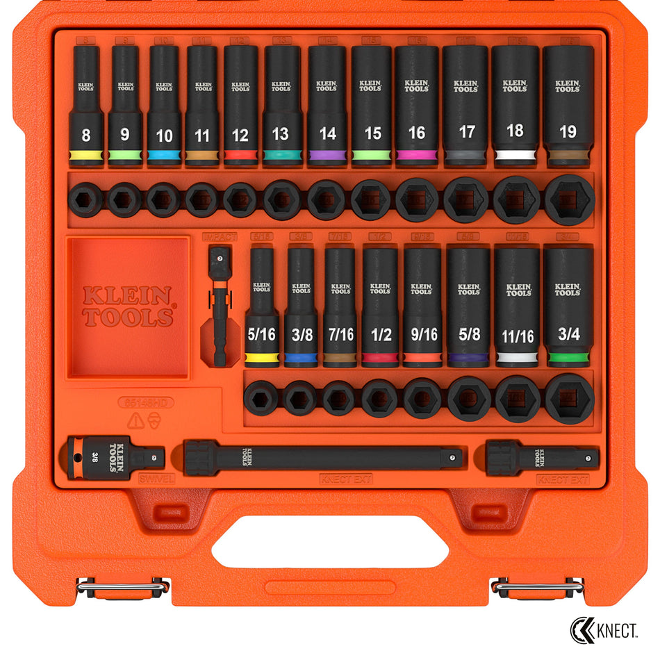 An overhead product view of the Klein Tools 65148HD 44-piece KNECT impact socket set organized in an orange hard shell case, featuring 3/8-inch drive SAE and metric sockets in both deep and shallow profiles with color-coded identification rings.