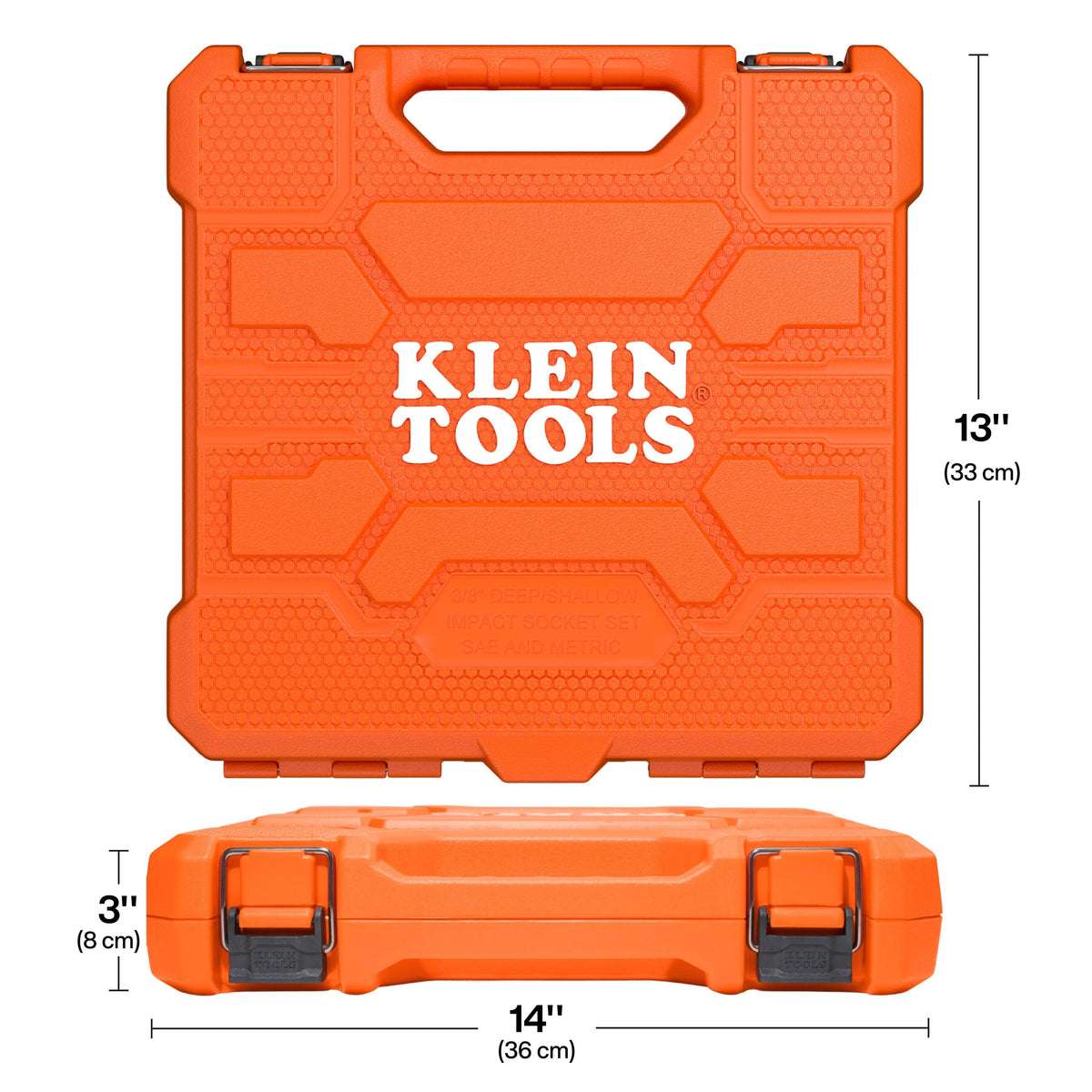 An orange heavy-duty blow-molded carrying case for the Klein Tools 65148HD impact socket set, with dimensions of 14 inches wide by 13 inches high and 3 inches deep, featuring metal latches and a reinforced handle.