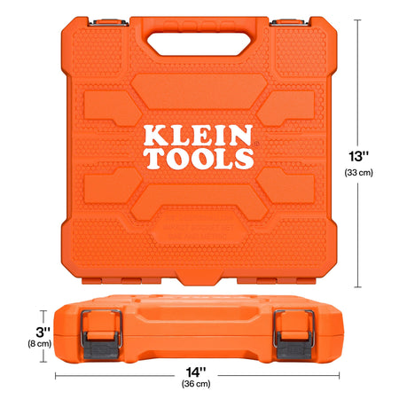 An orange heavy-duty blow-molded carrying case for the Klein Tools 65148HD impact socket set, with dimensions of 14 inches wide by 13 inches high and 3 inches deep, featuring metal latches and a reinforced handle.