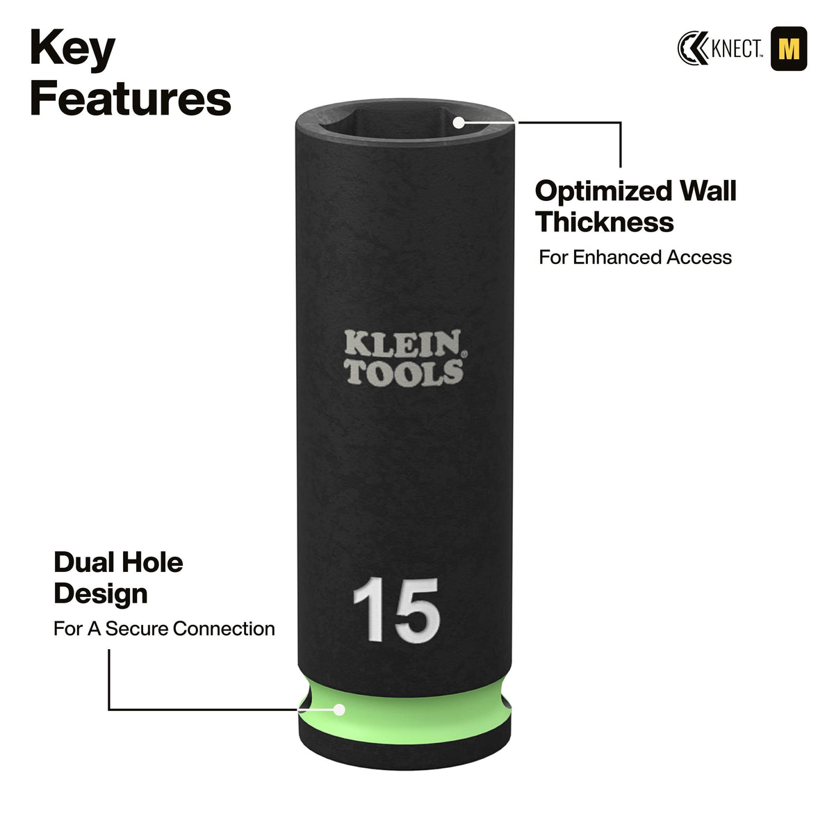 A technical view of a 15mm impact-rated socket showcasing the optimized wall thickness for enhanced access in confined spaces and the dual-hole base design for a secure, safety-pinned connection to the drive.