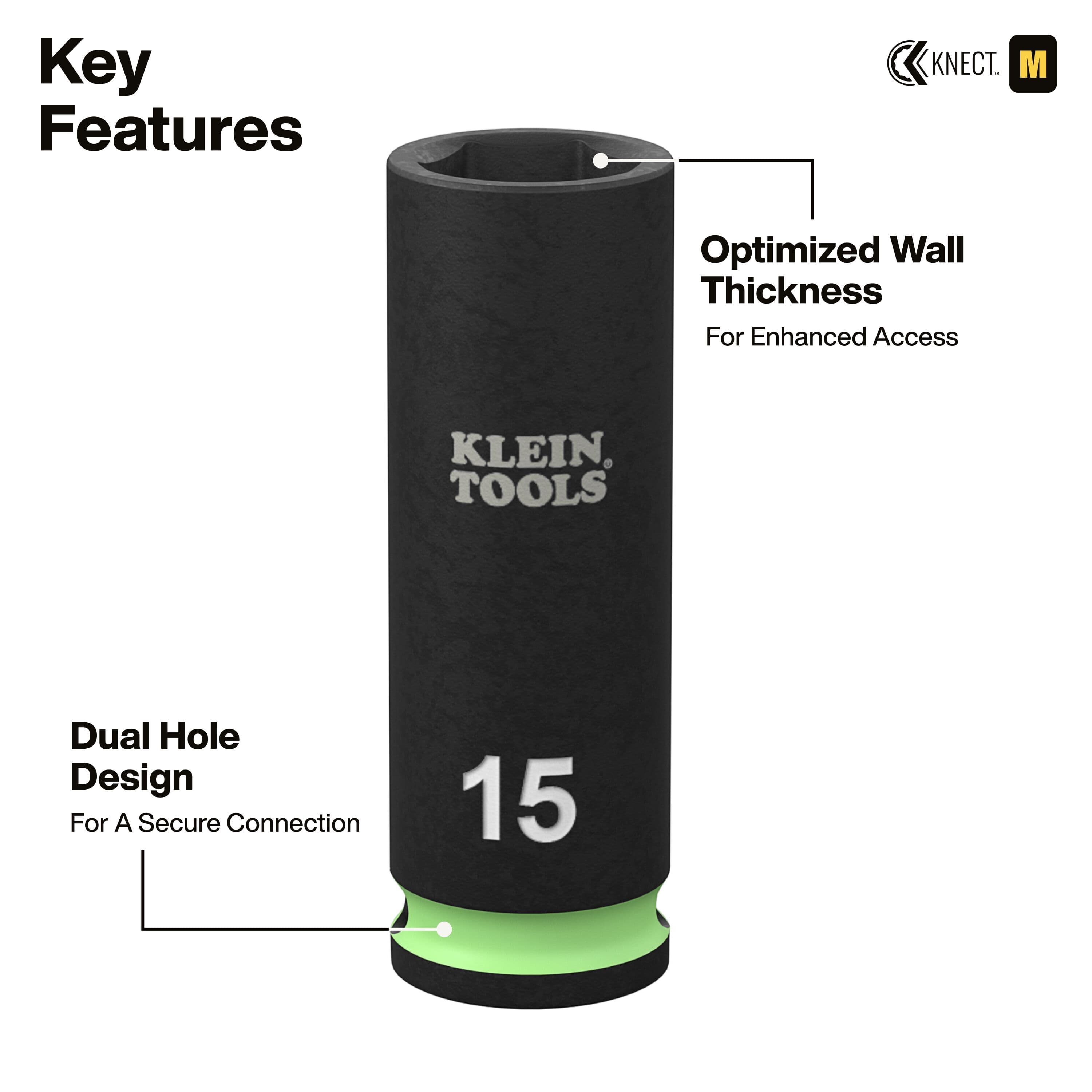 A technical view of a 15mm impact-rated socket showcasing the optimized wall thickness for enhanced access in confined spaces and the dual-hole base design for a secure, safety-pinned connection to the drive.