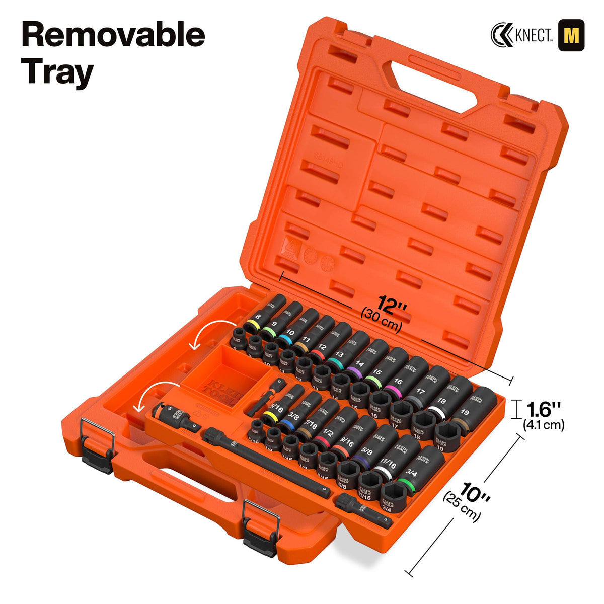 An orange removable organizer tray from the 65148HD set, measuring 12 inches by 10 inches and 1.6 inches deep, shown fully loaded with sockets and accessories to demonstrate modular storage capabilities.