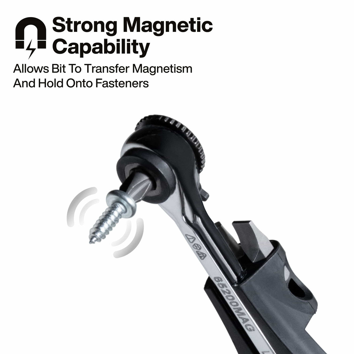 A functional demonstration of the strong magnetic capability of the ratchet, showing a Phillips bit transferring magnetism to hold a metal screw securely for easier one-handed operation in awkward spaces.