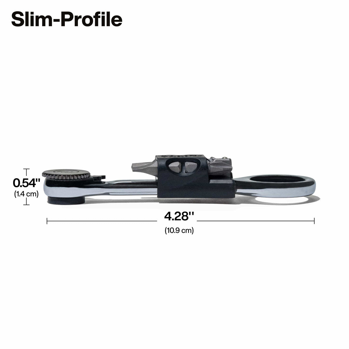 A side-view diagram showcasing the slim-profile design of the Klein Tools mini ratchet, with dimensions showing a compact length of 4.28 inches and an ultra-thin head height of only 0.54 inches.