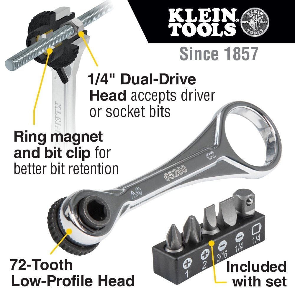 Marketing image of the Klein 65200 mini ratchet set, with callouts pointing to the 72-tooth head, dual-drive, ring magnet, and included bits.