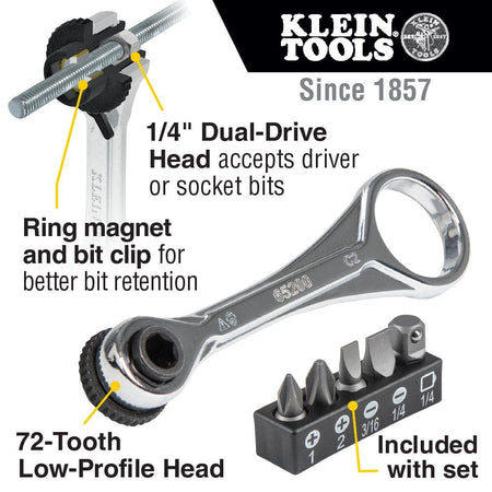 Marketing image of the Klein 65200 mini ratchet set, with callouts pointing to the 72-tooth head, dual-drive, ring magnet, and included bits.