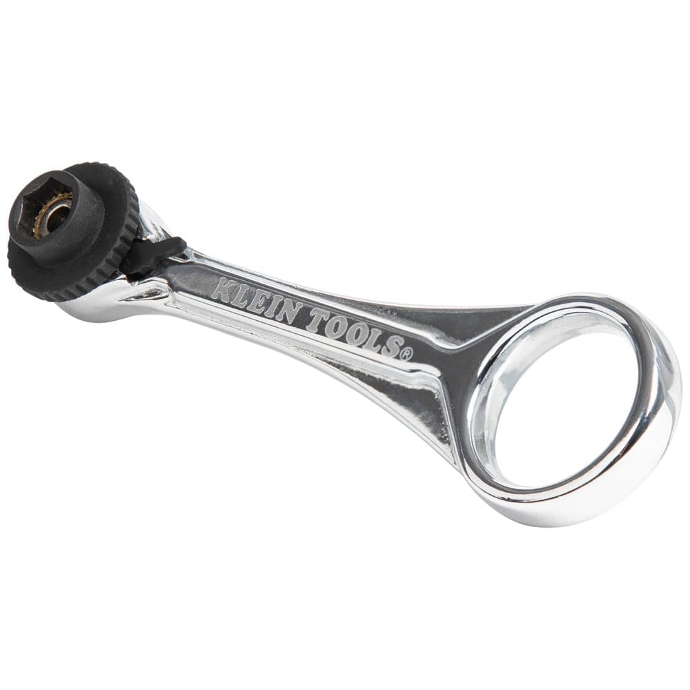 Angled view of the Klein Tools 65200 mini ratchet, highlighting the slim profile and polished chrome finish.