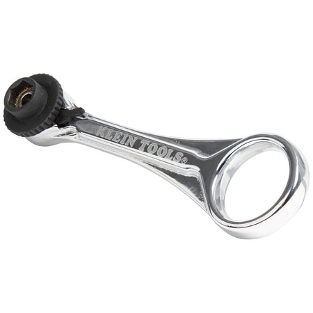 Angled view of the Klein Tools 65200 mini ratchet, highlighting the slim profile and polished chrome finish.