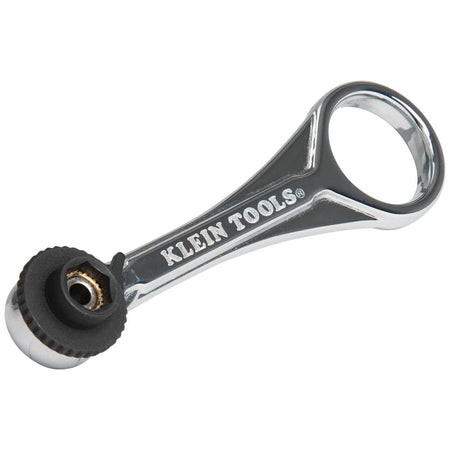 A detailed angled view of the 1/4-inch dual-drive head of the Klein Tools mini ratchet.
