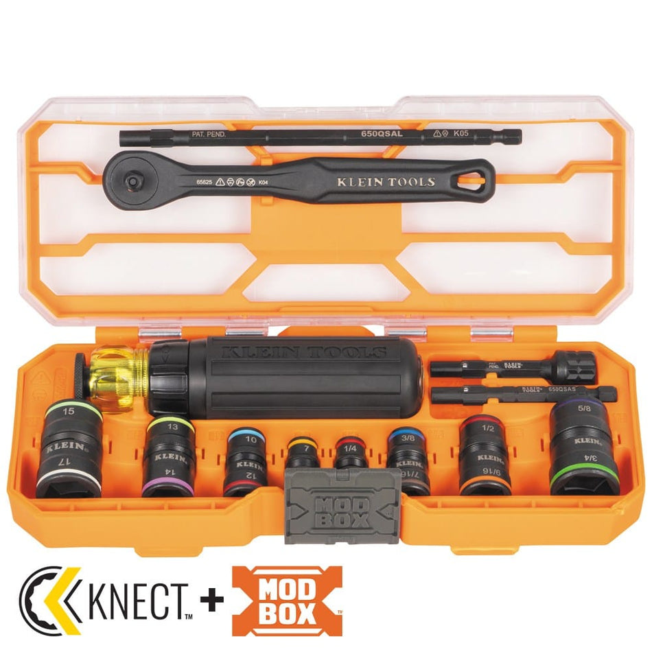An open orange modular storage case containing the Klein Tools 65242 Flip-16 KNECT set. The kit includes a ratcheting screwdriver handle, pass-through socket wrench, multiple flip sockets with color-coded bands, and KNECT system adapters, all organized for quick identification.
