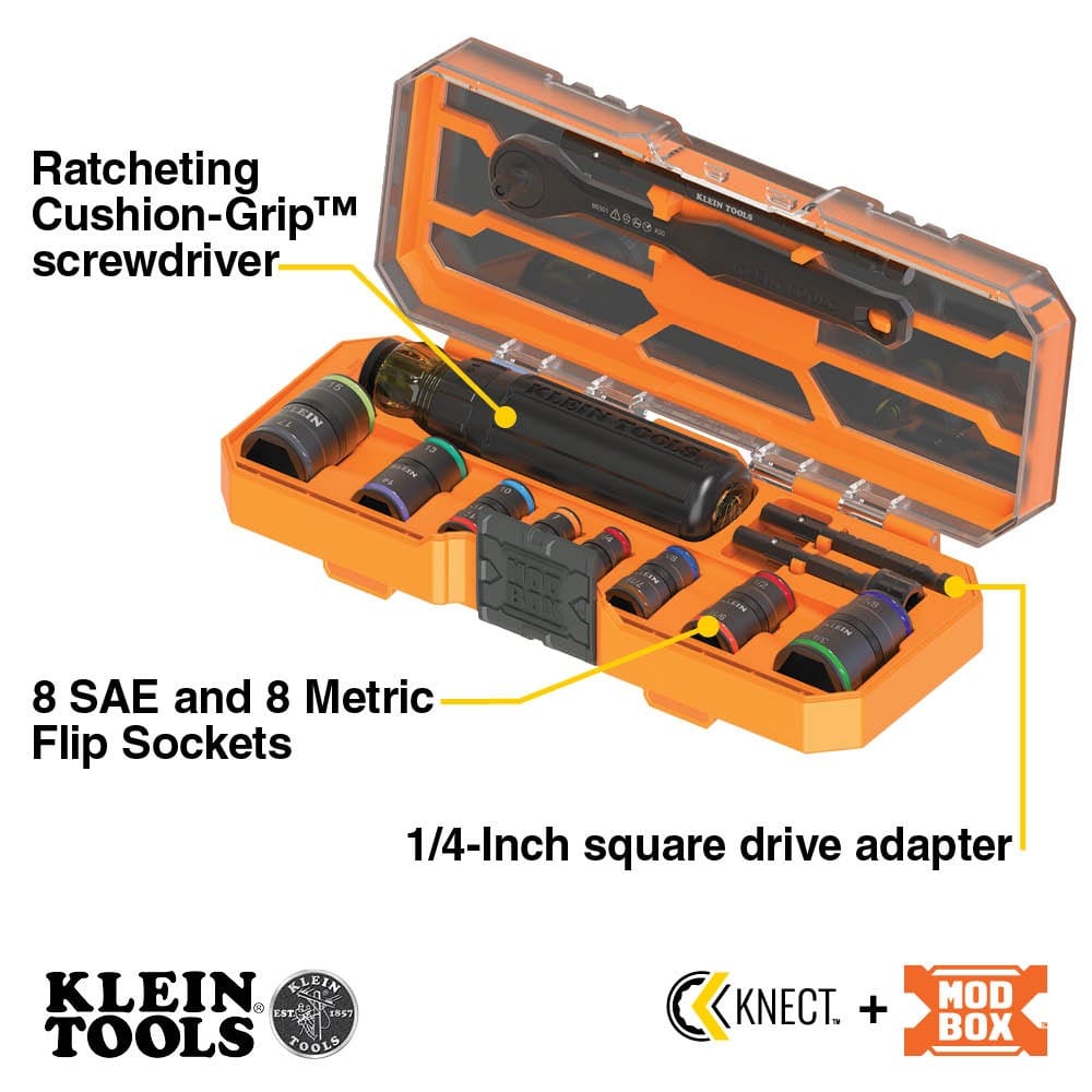 An annotated product image of the Klein Tools 65242 set highlighting its key components: the Ratcheting Cushion-Grip screwdriver, 8 SAE and 8 metric flip sockets, and the specialized 1/4-inch square drive adapter for impact-rated performance.