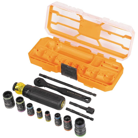 A high-angle view of the 13-piece Klein Tools flip socket set laid out in front of its empty orange carrying case. The image shows the variety of color-coded impact sockets, the ratcheting handle, and the modular KNECT adapters included in the heavy-duty kit.