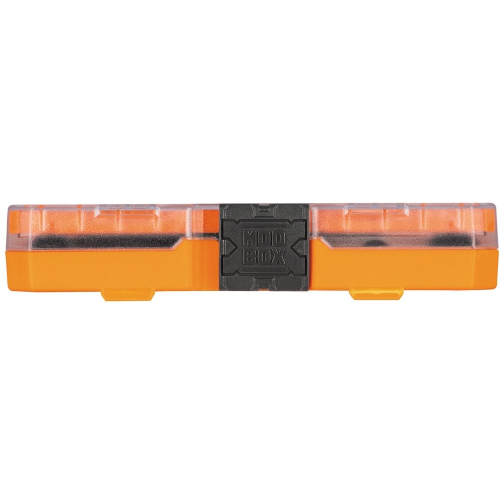 A side profile view of the closed MODbox compatible modular storage system. The slim, heavy-duty orange case features a black latch with the MODbox logo, showcasing its compact and stackable design for easy jobsite transport.