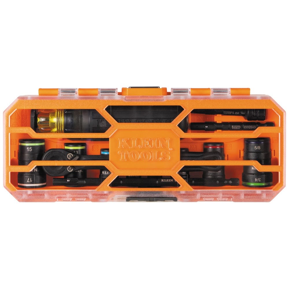 A top-down view of the Klein Tools 65242 set inside its case with the clear lid closed. The transparent lid allows for instant visibility of the 16 SAE and metric sizes, ensuring all tools are present and organized within the MODbox ecosystem.