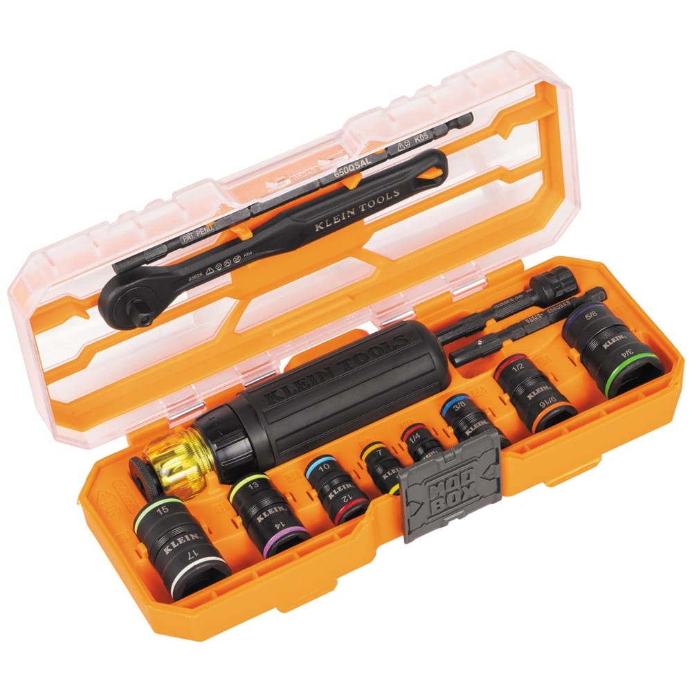 A perspective view of the open modular storage system, highlighting the secure, custom-molded interior that keeps the impact-rated sockets, ratcheting handle, and KNECT adapters firmly in place during movement.