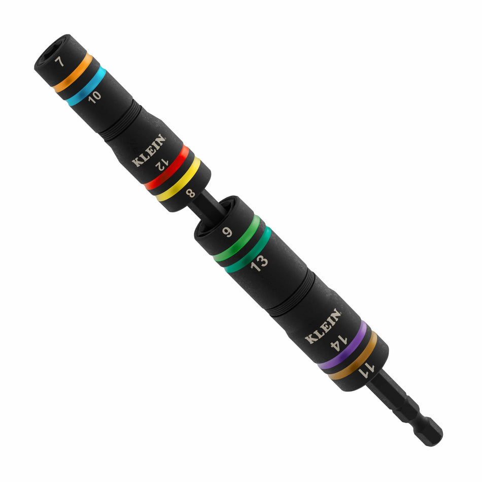 A studio product shot of the Klein Tools 652MQS 8-in-2 metric impact-rated flip socket set, showing two black quad sockets stored on a 6.5-inch steel extension shaft, featuring vibrant color-coded identification rings for sizes 7mm through 14mm.