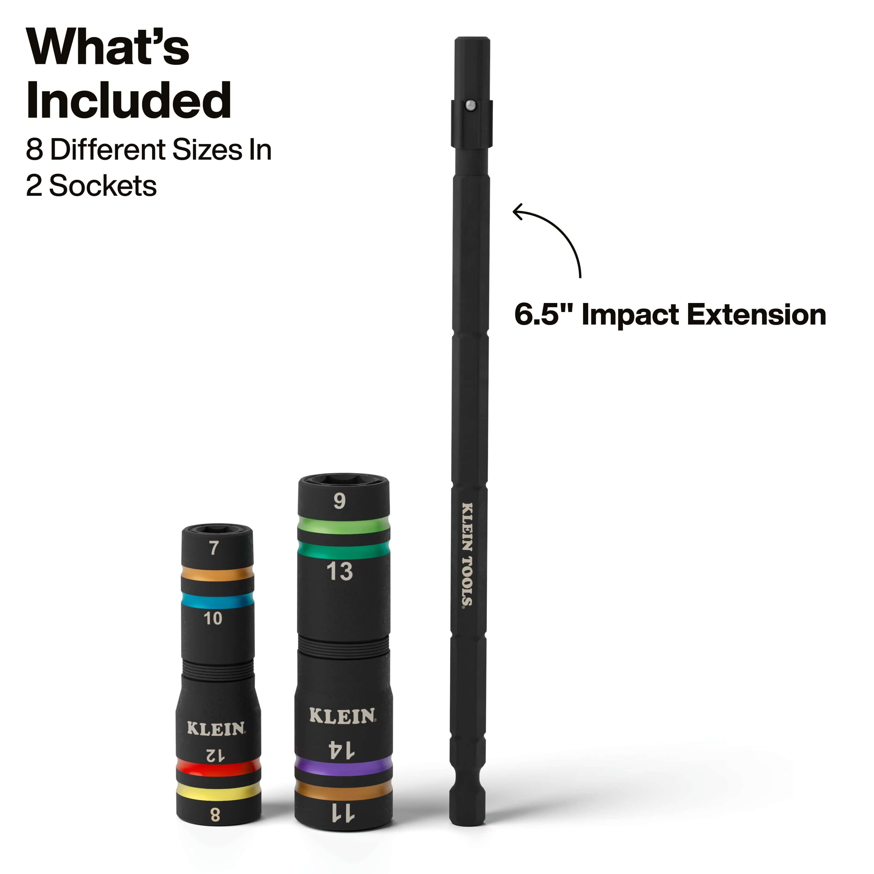 A component breakdown image of the 652MQS set, displaying the two 4-in-1 flip sockets containing 8 different metric sizes alongside the included 6.5-inch heavy-duty impact extension storage shaft.