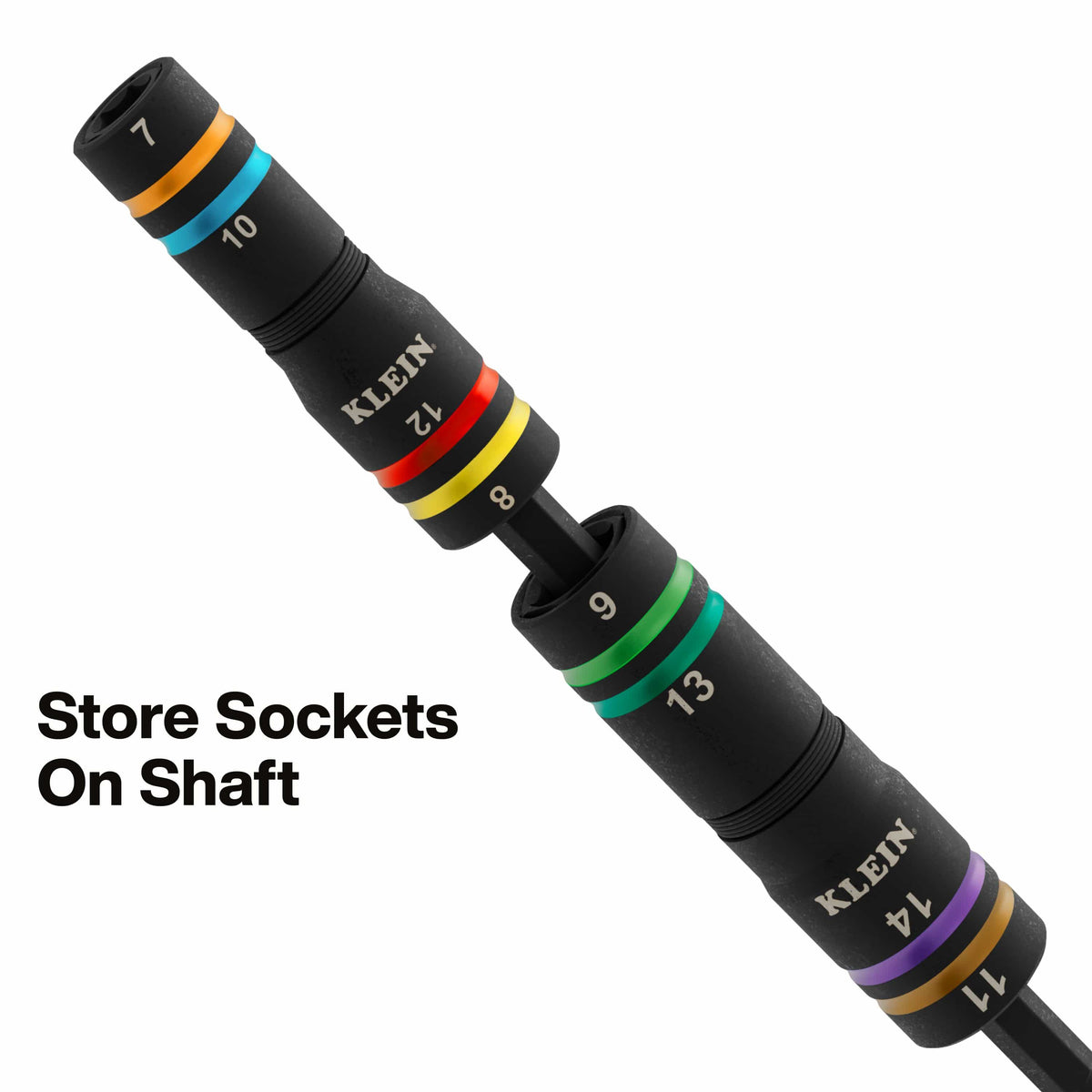 The two quad sockets from the 652MQS set stored together on the steel extension shaft, emphasizing the organized, space-saving design that covers metric sizes 7mm, 8mm, 9mm, 10mm, 11mm, 12mm, 13mm, and 14mm.