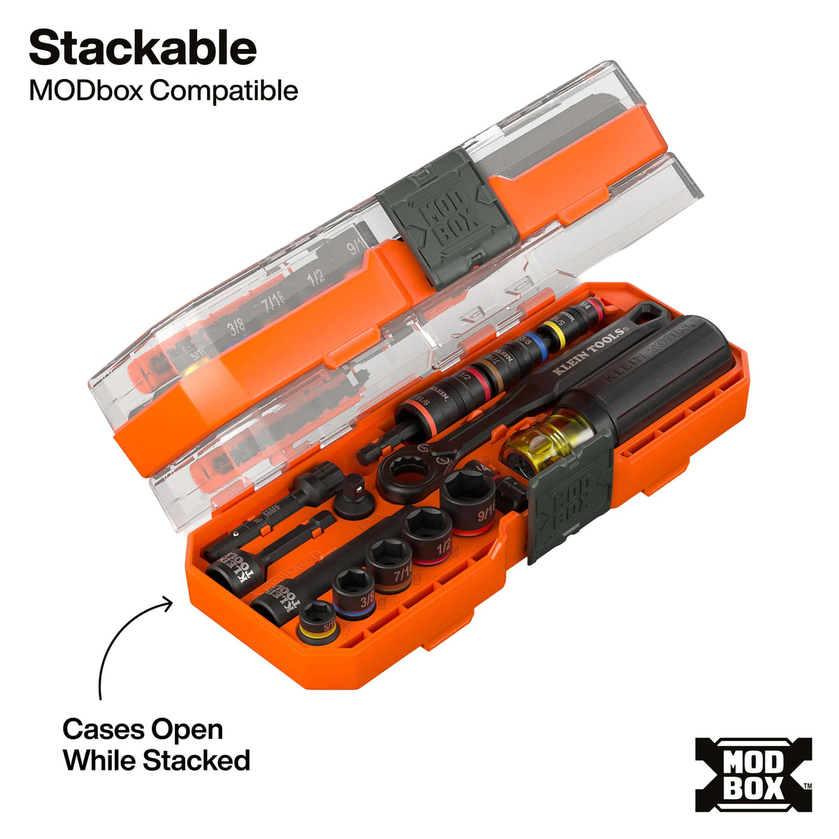 A high-angle view of the Klein Tools KNECT 23-piece impact socket set in its orange MODbox compatible case, highlighting the stackable design that allows the clear lid to open fully even when multiple modular cases are stacked together.