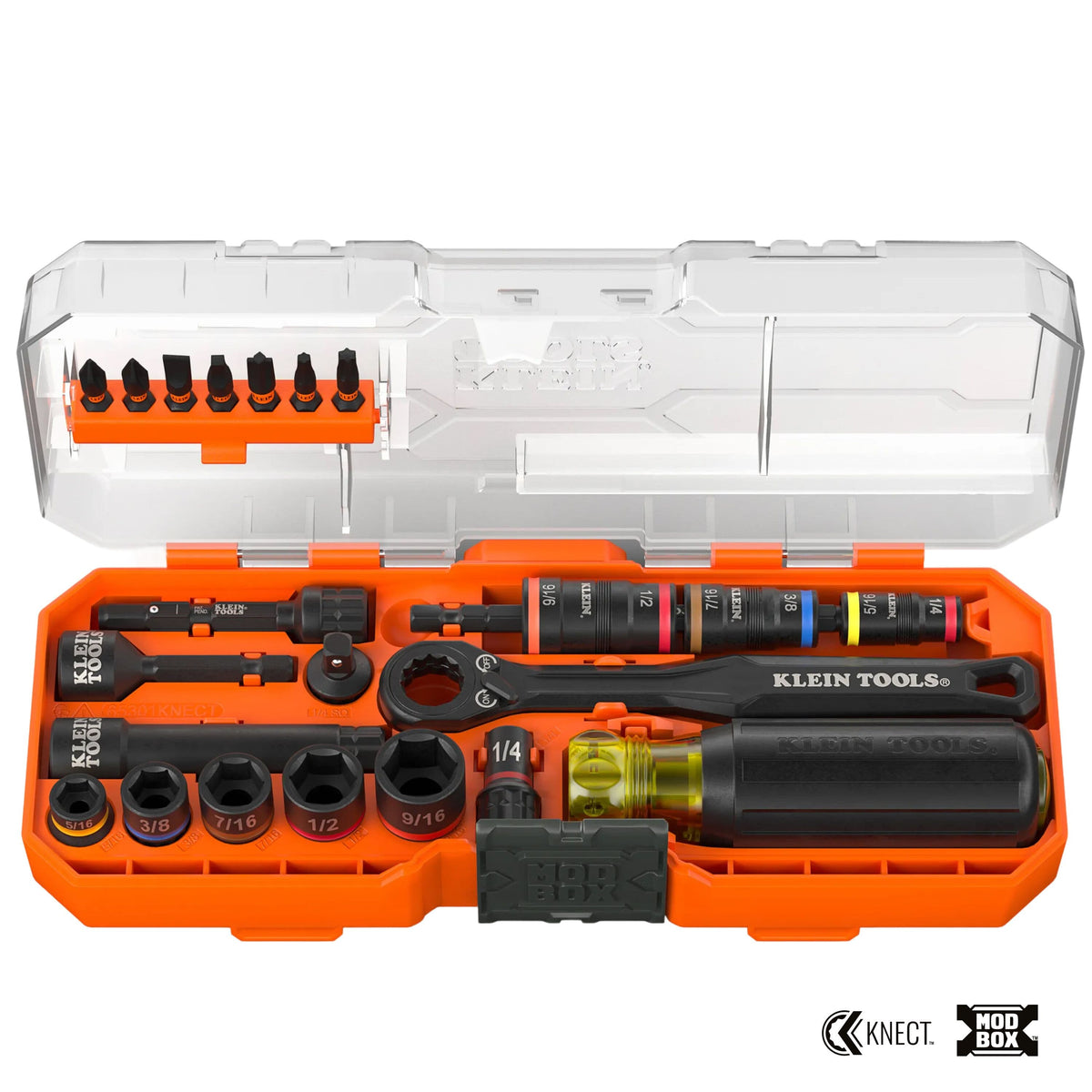 Full overhead product view of the open 23-piece KNECT impact-rated socket kit, showcasing the pass-through ratchet, cushion-grip driver, specialized flip sockets, and magnetic bit storage within the protective MODbox modular carrying case.