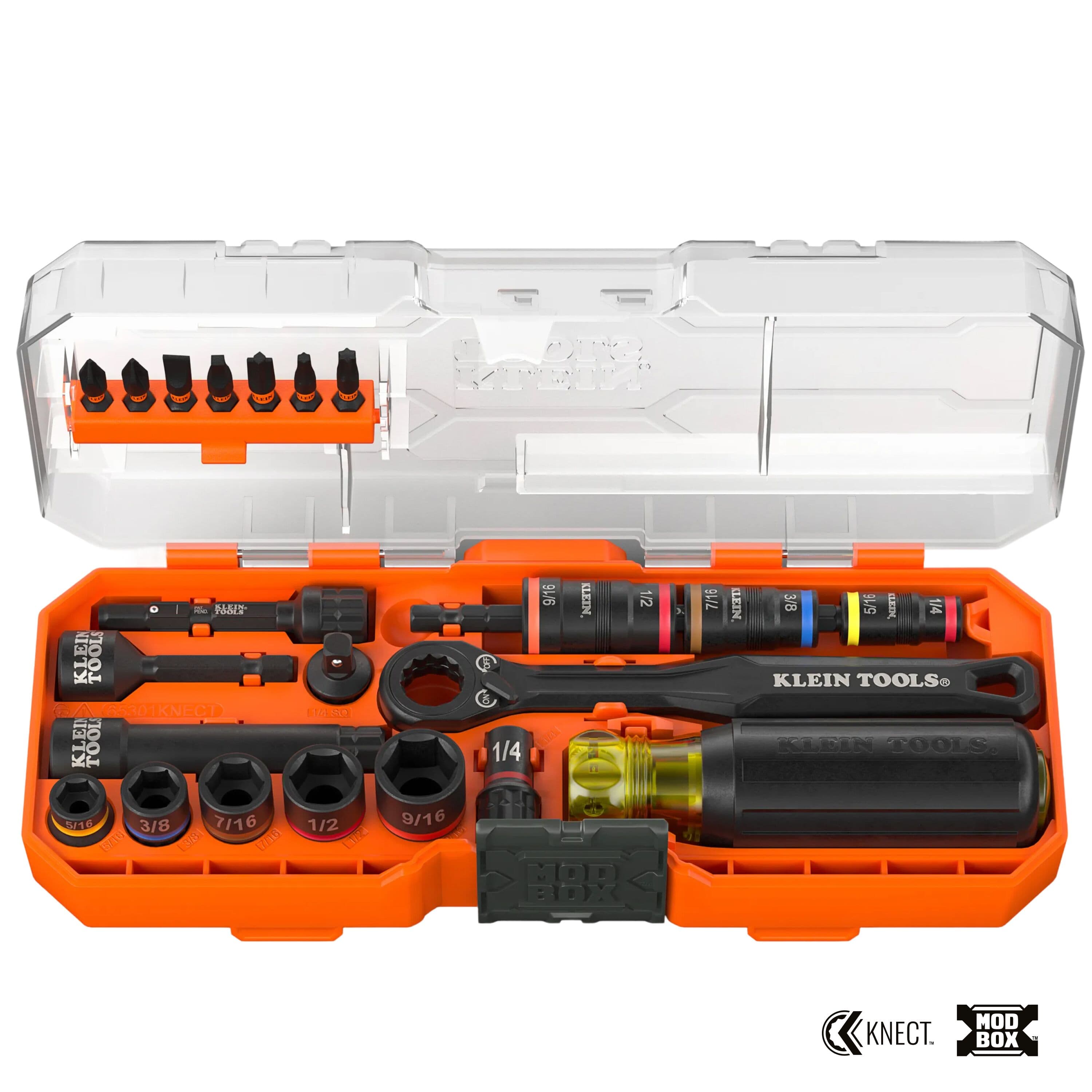 Full overhead product view of the open 23-piece KNECT impact-rated socket kit, showcasing the pass-through ratchet, cushion-grip driver, specialized flip sockets, and magnetic bit storage within the protective MODbox modular carrying case.