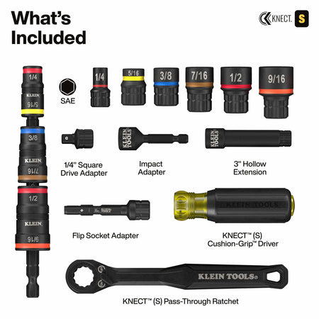 A comprehensive product component breakdown for the 65301KNECT set, detailing the SAE pass-through sockets, flip sockets, 1/4-inch square drive adapter, impact adapter, flip socket adapter, 3-inch hollow extension, cushion-grip driver, and pass-through ratchet.
