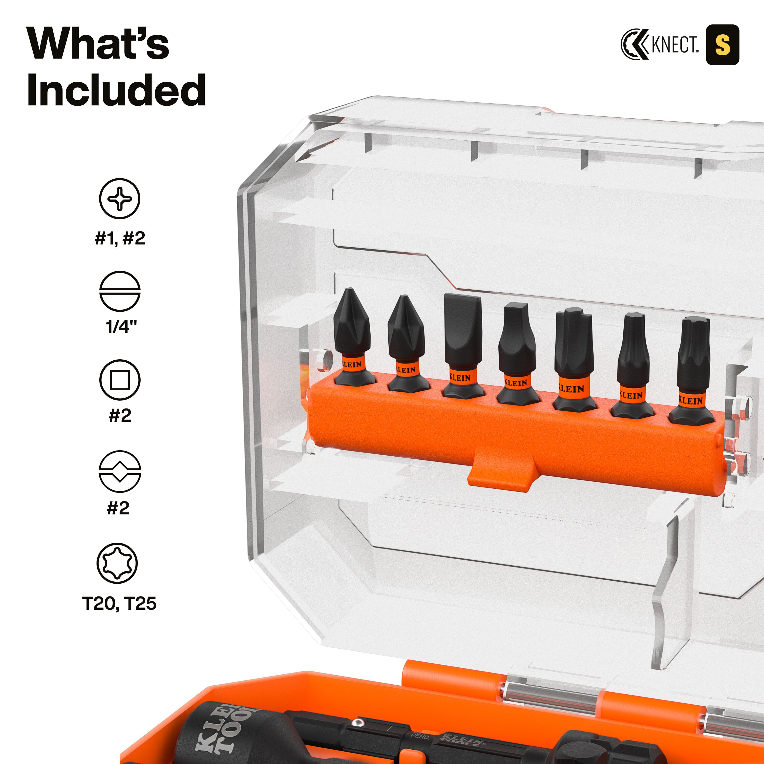 Close-up of the integrated bit storage in the MODbox case lid, holding seven specialized impact bits including Phillips #1 and #2, 1/4-inch Slotted, Square #2, Combo #2, and TORX T20 and T25 sizes.
