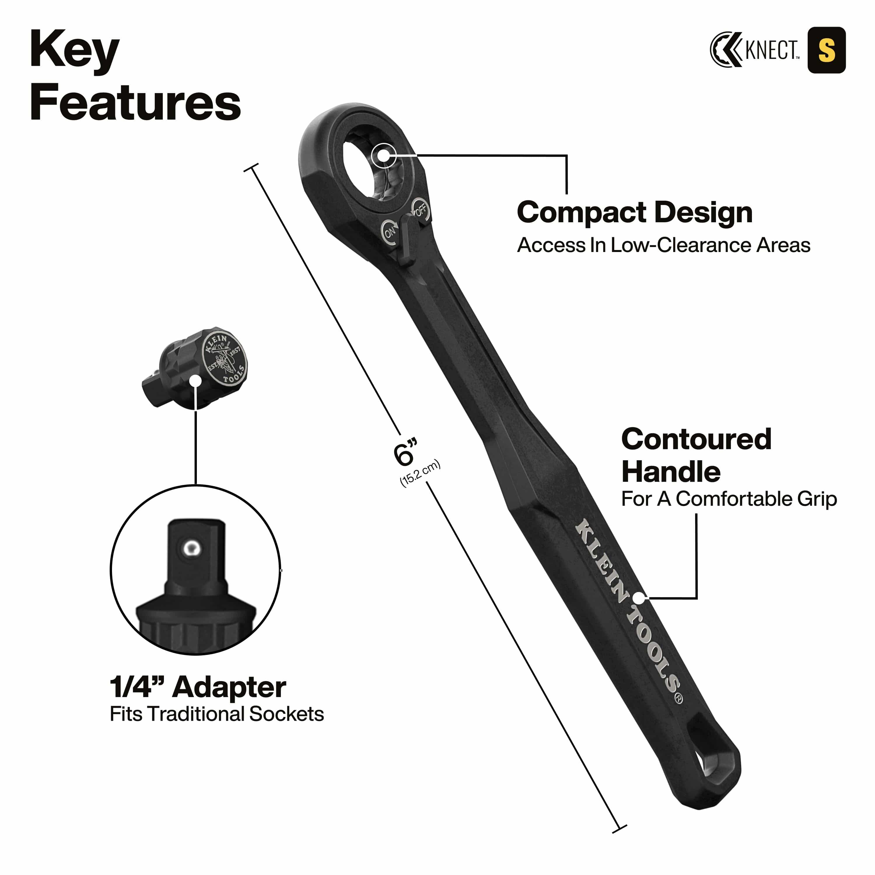 Product detail view showing the 6-inch compact pass-through ratchet with its contoured handle for a comfortable grip, alongside a 1/4-inch adapter that enables compatibility with traditional standard sockets.