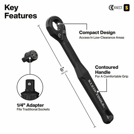 Product detail view showing the 6-inch compact pass-through ratchet with its contoured handle for a comfortable grip, alongside a 1/4-inch adapter that enables compatibility with traditional standard sockets.